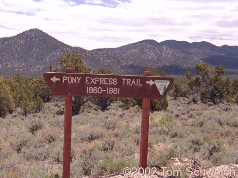 Sign showing route of Pony Express trail at south end of Ruby Mountains.