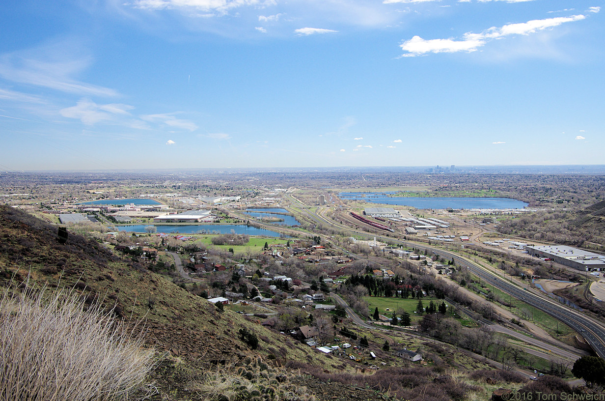 Valley of Clear Creek opens onto the plains; Denver in right distance.