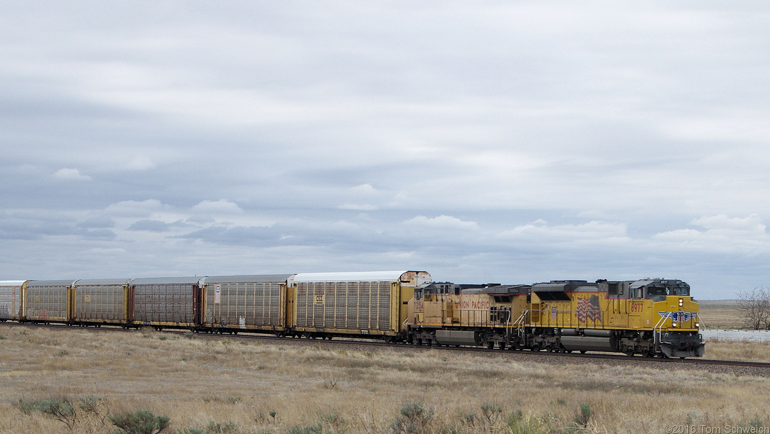 UP 8977 and UP 7254 pulling a string of empty tri-levels eastbound between Kit Carson and Cheyenne Wells, Colorado.